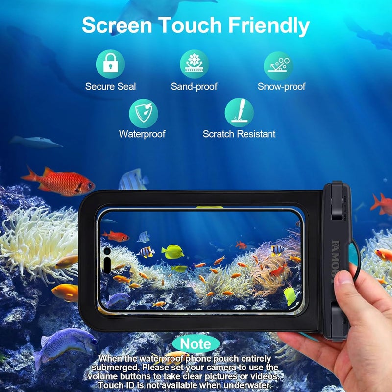 Famoby Up to 8.7" 6 Pack Multicolor Waterproof Phone Pouch, Large Phone Waterproof Case Dry Bag, Protection Level: IP68, Outdoor for Apple iPhone,Samsung,and More, Black,Blue,Pink,Orange,Yellow,Green - Image 5